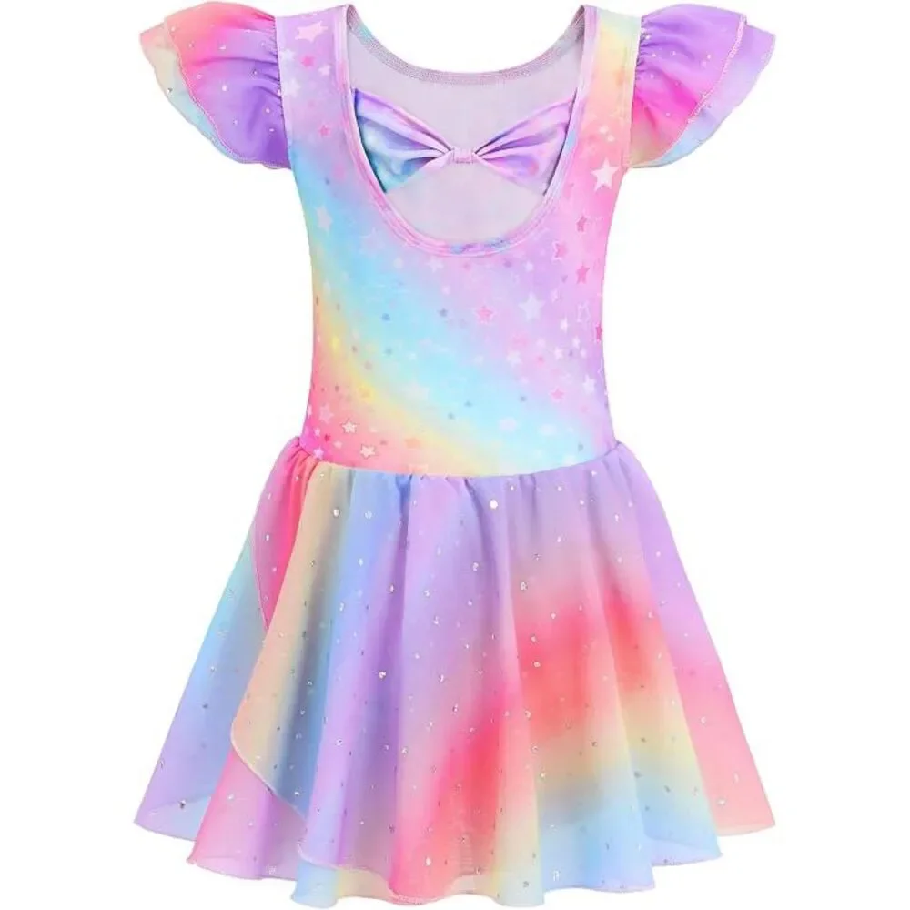 Pre-Owned Dance Leotard Dress Large Child Rainbow Stars Ballet Tap Jazz